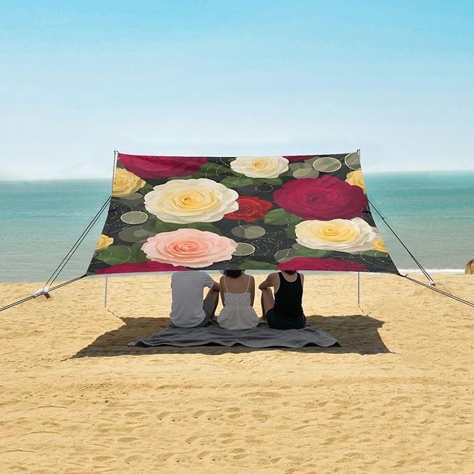 ALAZA Rose Flowers Floral Beach Tent Sun Shelter UPF50+ Protection Beach Shade Canopy w/ 4 Sandbags for Outdoor Camping Fishing Backyard Fun Picnic 10x9 ft