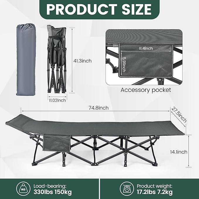 Oversized XXL Folding Camping Cot W/Mattress 75 L x 27.5 W x 14 H Heavy Duty Portable Cot for Adults with Carry Bag – Durable 1200D Oxford Fabric for Camping Travel Home or Office