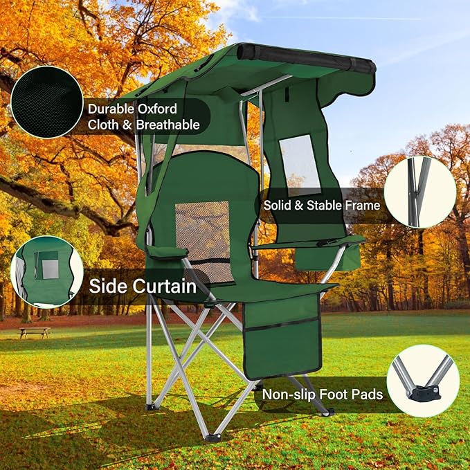PLKO Camping Chairs with Canopy Portable Quad Lawn Chair for Adults Folding Recliner Chair with Cup Holder Outdoor Events and Shade- Support 330 LBS