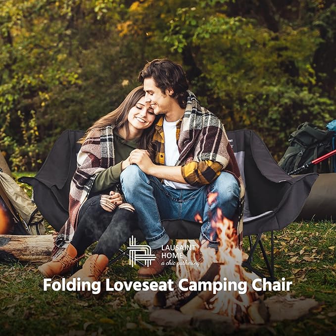 LAUSAINT HOME Double Camping Chair Oversized Camping Loveseat with Cup Holder Heavy Duty Portable Camping Couch Outdoor Double Folding Chair for Patio Lawn and Garden Black