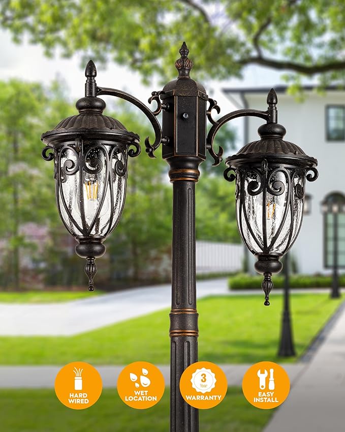 VIANIS 2-Head Outdoor Lamp Post Light Dusk to Dawn Post Lamps Outside Waterproof Seed Glass Lamp Posts Outdoor Lighting Anti-Rust Bronze Light Posts for Outside Garden Yard Doorway Hardwired