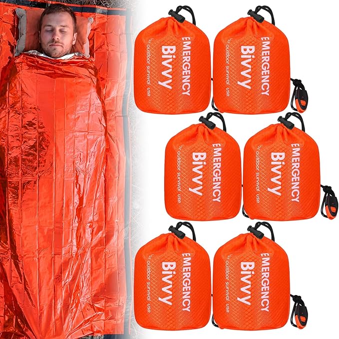 6 Pack Emergency Survival Sleeping Bags Orange Thermal Bivy Sack Blanket Lightweight Portable Waterproof Aluminized Space Blanket with Whistle for Camping Hiking Outdoor Adventure