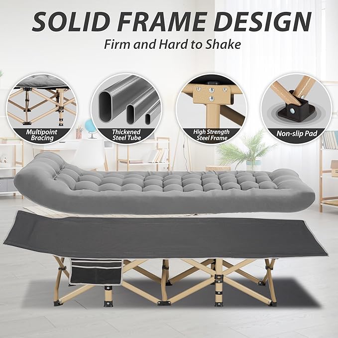 Folding Camping Cot for Sleeping Portable Cots for Adults Heavy Duty Cot Bed 550LBS(Max Load) Extra Wider Cots with Large Pocket for Outdoor Office Beach