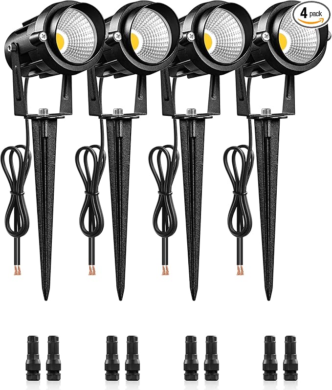 6W 700LM Low Voltage Landscape Lighting 12V AC/DC 3000K Warm White LED Low Voltage Landscape Lights IP65 Waterproof Outdoor Spotlights with Connectors for Garden Tree Yard 4 Pack W01SLP406