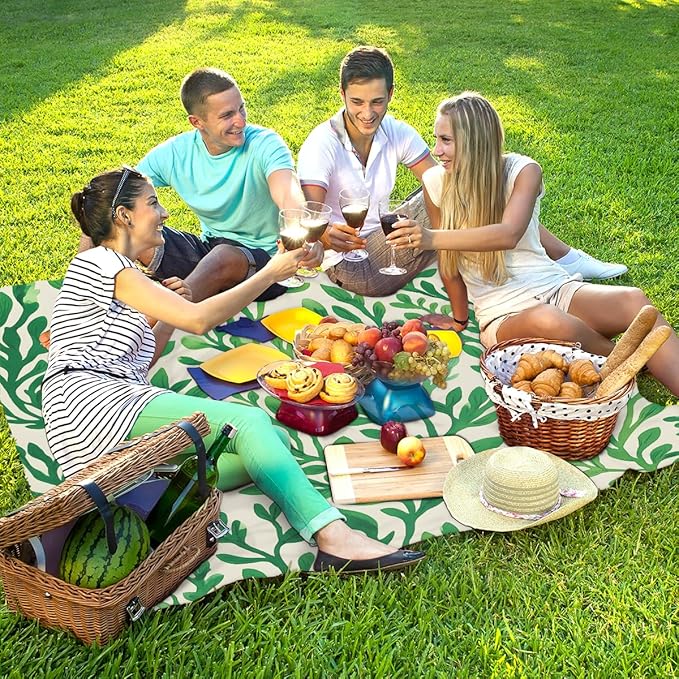 Waterproof Sandproof Beach Blanket 59''×68'' Bouquet Leaves Polyester Outdoor Picnic Blanket with 4 Stakes &amp Storage Bag for BeachCampingVacation Green
