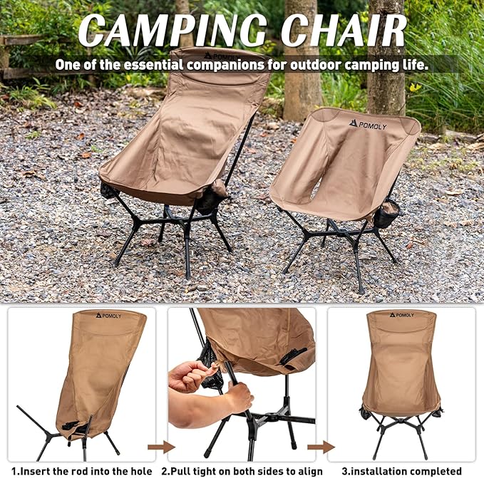 POMOLY Lightweight Camping Chair (Innovative Rotating Instant Setup) High Back Portable Collapsible Camping Chair Folding Outdoor Backpacking Ultralight Hiking 440lbs Capacity (Suspension Comfort)
