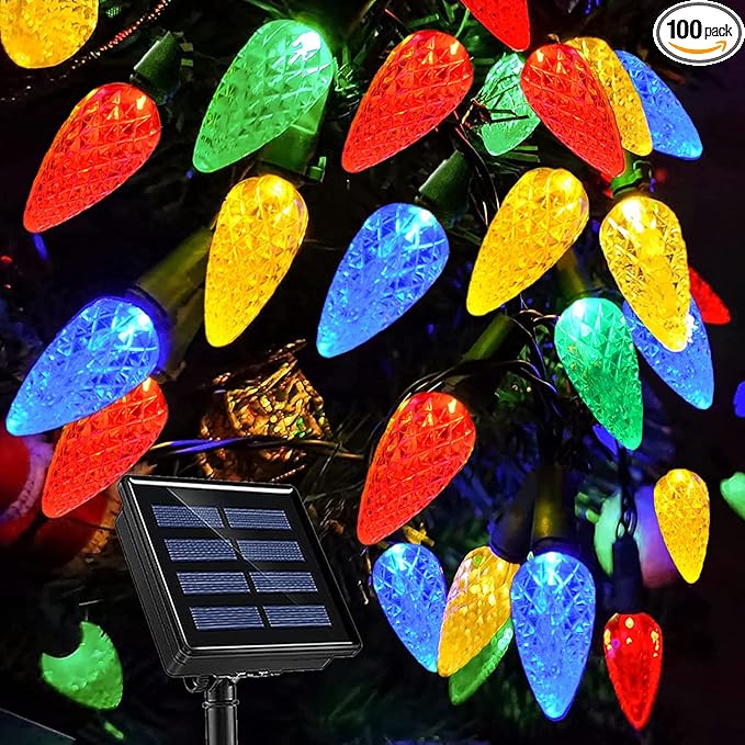 C6 Solar Christmas Lights Outdoor 39Ft 100 Counts Multicolored C6 LED Christmas Lights Outdoor Waterproof Solar Xmas Fairy Lights for Christmas Decoration Holiday Garden Patio Garland Decor