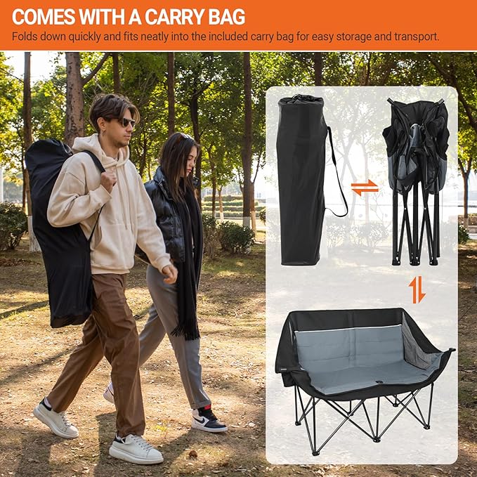 Double Camping Chair for Adults - Heavy Duty 700LB Oversized Padded Camping Loveseat 2 Person Folding Outdoor Chair with Cup Holders for Lawn Backyard (Grey)