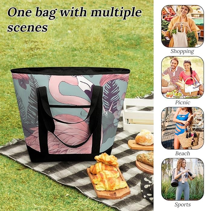 Insulated Shopping BagLarge Reusable Cooler Bags Flamingo2 Printed Foldable Shopping BagTravel Waterproof Shoulder Bag