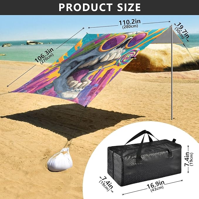 ALAZA Skull Lollipop Pop Art Beach Tent Sun Shelter UPF50+ Protection Beach Shade Canopy w/ 4 Sandbags for Outdoor Camping Fishing Backyard Fun Picnic 10x9 ft