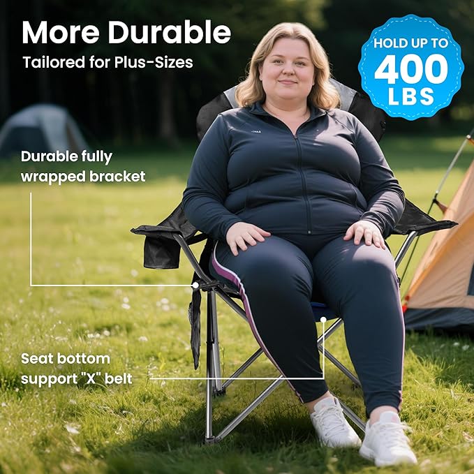 2 Pack Folding Camping Chairs for Adults - High Back Padded Outdoor Lawn Chairs with Lumbar Support &amp Cup Holder 400lbs Heavy Duty Portable Camping Chairs Set (Light Black &amp Gray 2 PCS)