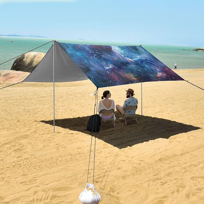 ALAZA T-rex Dinosaur Tyrannosaurus Dino Nebula Beach Tent Sun Shelter UPF50+ Protection Beach Shade Canopy w/ 4 Sandbags for Outdoor Camping Fishing Backyard Fun Picnic 10x9 ft