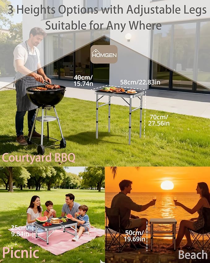 HOMGEN Portable Small Folding Table-3 Heights Adjustable [30/20/10] Inch Foldable Camping Table-Durable Load-Bearing Up to 66lbs Aluminum Foldable Picnic Table-23'' L x 16'' W Size-for Home/RV/Outdoor