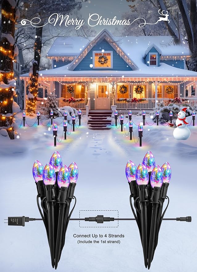 C9 Christmas Pathway Lights Outdoor 25Ft 20 LED Christmas String Lights with Stakes 4 Light Modes Waterproof Connectable Christmas Decorations for Outside Lawn Yard Sidewalk Driveway Multicolor