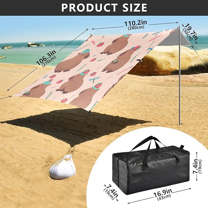 Capybara Strawberry Pattern Camping Sun Shelter Beach Tent Portable Beach Sun Shade Outdoor Canopy for Camping Trips Fishing Picnic
