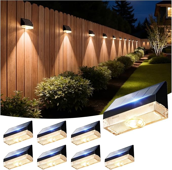 VOLISUN Fence Lights Solar Powered 8 Pack Dusk to Dawn Solar Fence Lights Outdoor Waterproof with Warm White LED Spot Lens Solar Light for Fence Yard Wall Backyard Railing Deck and Patio