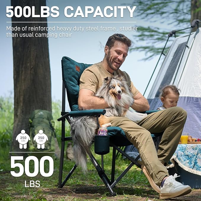 EVER ADVANCED Padded Oversized Folding Camping Chair for Adults Heavy Duty Lawn Chair with Side Pockets Portable Collapsible Quad Chair for Outside Support Up to 500lbs Green