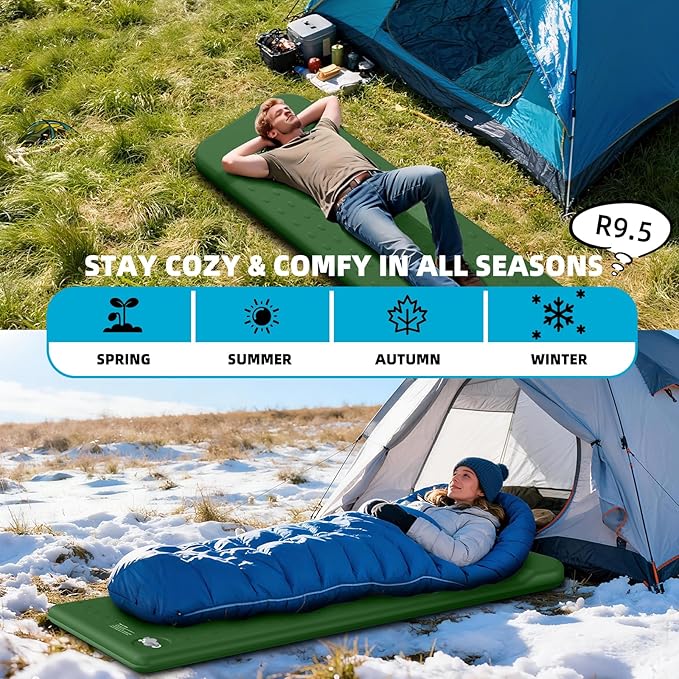 KASIMO Memory Sleeping Pad for Camping 3 Compact Ultra-Thick Foam Sleeping Mats with Pillow 9.5 R-Value Insulated Camping Mattress Pad or Car Travel Backpacking TentHome