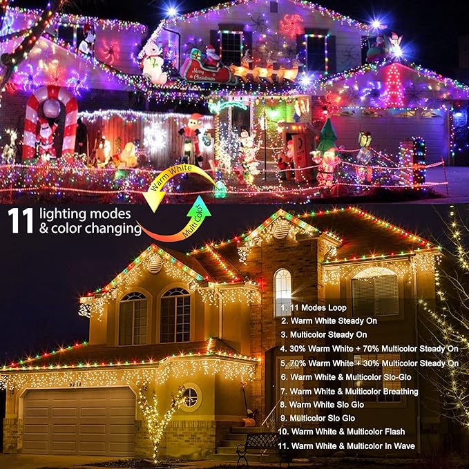 Brizled Christmas Icicle Lights 29ft 360 LED Outdoor Icicle Lights Color Changing with Remote 11 Function Connectable Christmas Lighting Warm White &amp Multicolor Xmas Lighting for Xmas Home Weddi