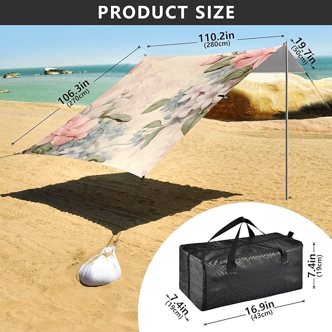 Beach Tent Sun Shelter Elegant Graceful Peony Lightweight &amp Easy Setup Beach Shade Canopy for Camping Fishing