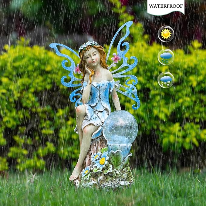 Garden Fairy DecorSolar Outdoor Statues Fairy Garden Accessories Fairy Figurine for Outside GiftsResin Ornaments for Patio Yard LawnSize6.89 x 5.24x 12.68 inches