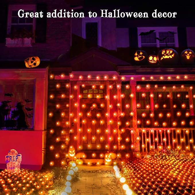 BlcTec Halloween Lights 200 LED 8.4ft x 5.2ft Orange Net Lights with 8 Modes UL Certified Timer Connectable Waterproof Dark Green Wire for Trees Bushes Shrub Lawn Halloween Decorations Outdoor
