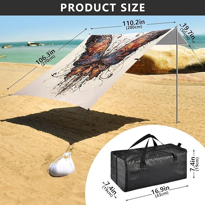 ALAZA Butterfly Punk Beach Tent Sun Shelter UPF50+ Protection Beach Shade Canopy w/ 4 Sandbags for Outdoor Camping Fishing Backyard Fun Picnic 10x9 ft