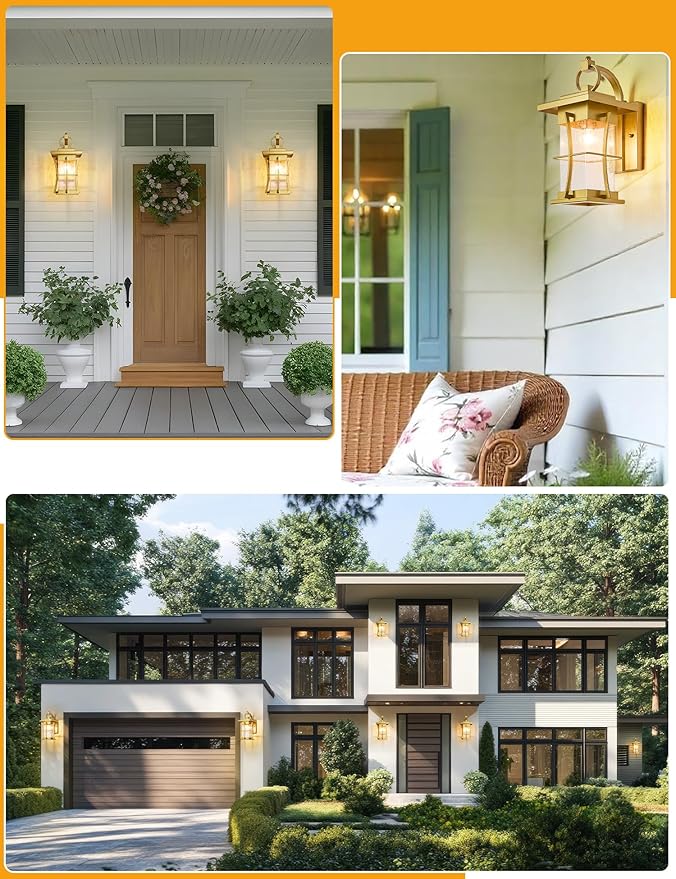 Gold Dusk to Dawn Outdoor Wall Lantern Exterior Light Fixtures Wall Mount Porch Light with Photocell Sensor Waterproof Outside Sconce for House Patio GarageSeeded Glass Outside Wall Lamps