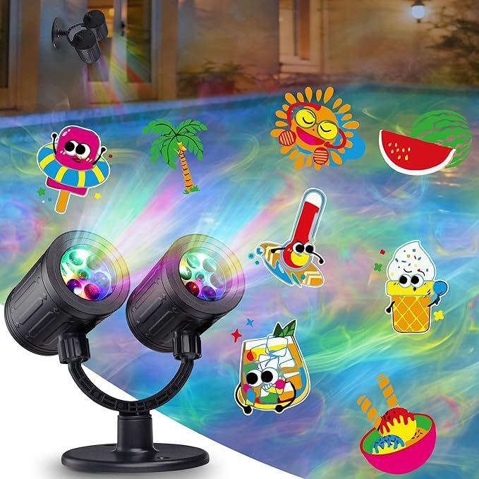 Toodour LED Projector Lights Outdoor Double Head Dynamic Pool Lights Projector with Timer Waterproof Indoor Outdoor Decorations Light for Beach Pool Garden Yard Home Window Wall Decor