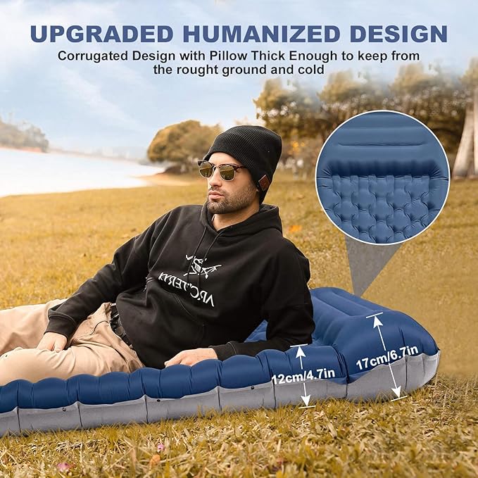 Camping Sleeping Pad with Pillow: Extra Thick 4.7 Inch Ultra-Light Self Inflating Air Mat Portable Waterproof Inflatable Sleep Mattress with Built-in Foot Pump for Outdoor Traveling (Navy Blue)