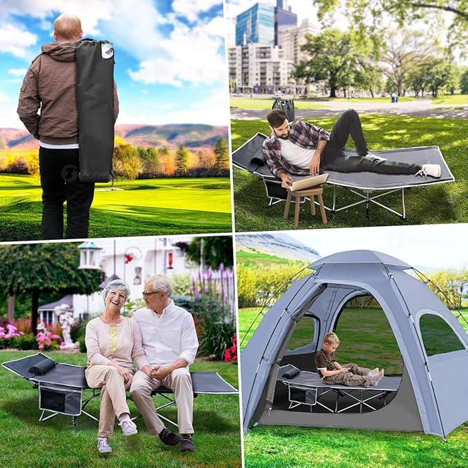 ZONETECH Folding Outdoor Travel Cot-Classic Grey Premium Quality Lightweight Portable Heavy Duty Adult and Kids Travel Cot with Large Pocket-Perfect for Hiking Camping and Outdoor Activity