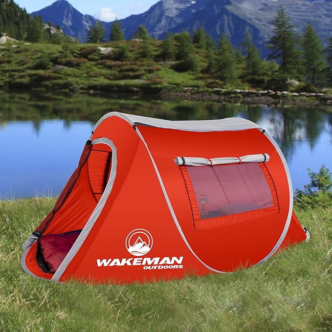 Pop-up Tent 2 Person Water Resistant Barrel Style Tent for Camping with Rain Fly and Carry Bag Sunchaser 2-Person Tent by Wakeman Outdoors (Red)