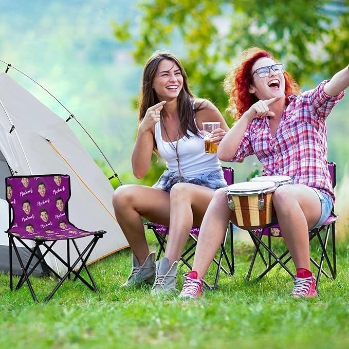 Sinestour Purple Custom Photo Folding Camping Chair for Teen Child Personalized Name 14.6×14.6in Portable Outdoor Chair with Carry Bag for Picnic Lawn Travel
