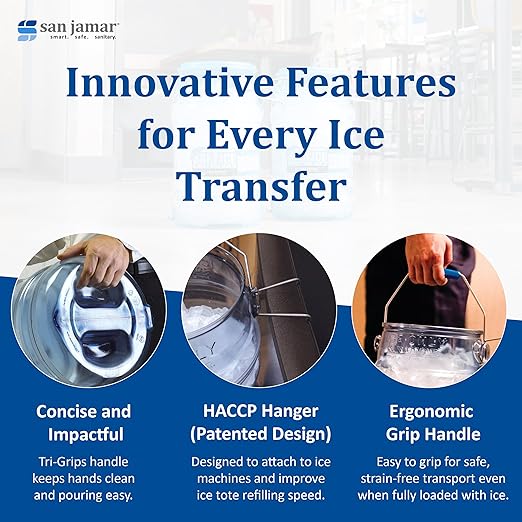 San Jamar Saf-T-Ice Ice Tote with Ice Machine Hanger for Kitchens Restaurants and Fast Food Plastic 5 Gallons Blue