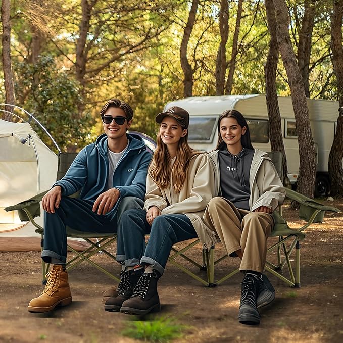 Tangkula 3 Person Oversized Camping Chair Fully Padded Folding Camp Chair with Adjustable Armrests Cup Holders Carrying Bag Portable Outdoor Lawn Chair for Camping Support 900LBS