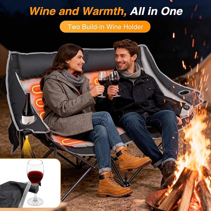 Suteck Heated Double Camping Chair Heated Loveseat Chair for Outdoor Sports W/3 Heat Levels &amp 4 Heating Zones Portable Folding Chair for Adults Use for Camping &amp Travel