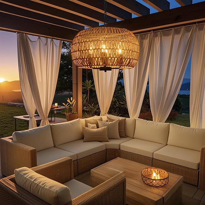 Outdoor Solar Chandelier 4-Light 19 Rattan Outdoor Chandelier Hanging Pendant Lights Waterproof for Gazebo Pergola Porch Patio