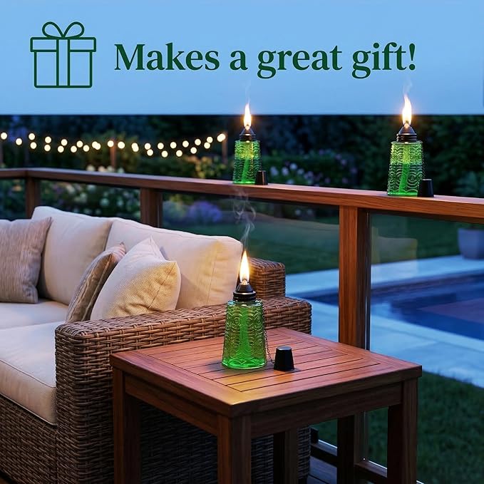 Seraphic Citronella Table Top Torches for Outdoor Patio 16oz Decorative Glass Torch Citronella Candles for Outside Deck Garden Parties Set of 3 Green