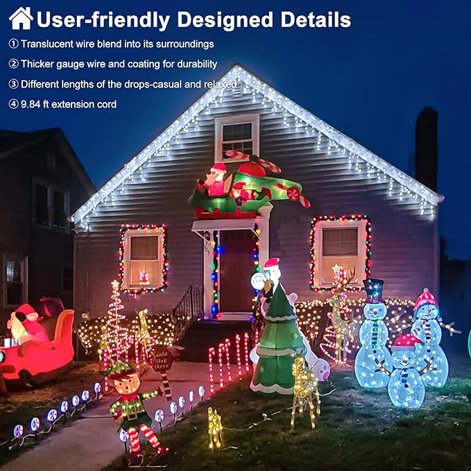 99ft 1216LED Icicle Lights for Outside White Christmas Lights for House Patio Yard Porch Backyard Holiday Garden Xmas Exterior Decoration Waterproof Twinkle Cluster Light Hanging Light All Year