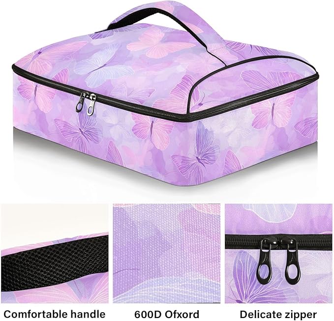 Casserole Carrier Cute Pattern Butterfly PurpleInsulated Casserole Carrier for Hot or Cold Food Thermal Lunch Tote for Potluck Parties Picnic Beach Fits 9 x 13 Inches Baking Dish