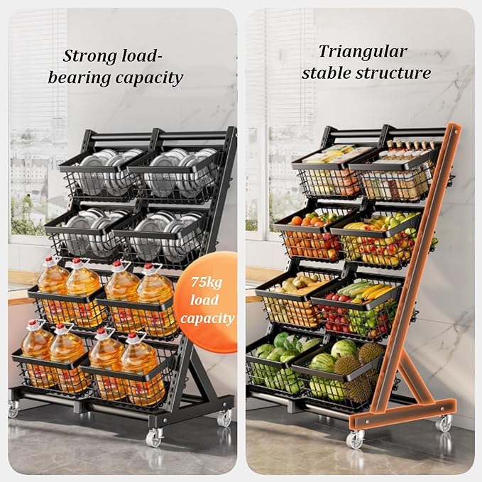 4-Tier Rolling Snack Rack Display Stand Adjustable Metal Shelves for Fruit &amp Vegetable Storage Versatile Retail Organizer for Home Kitchen &amp Market (White)