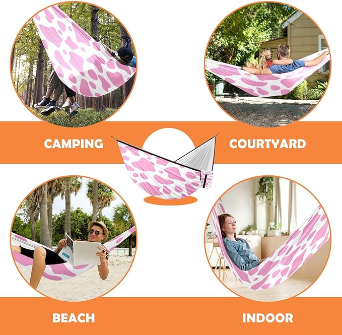 Outdoor Camping Hammock Cute Pink Cow Print Double Single Hammocks with 2 Tree Straps Lightweight Portable Heavy Duty Nylon Hammocks for Backpacking Travel Beach Backyard Patio Hiking