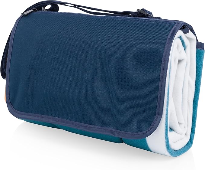 Picnic TIME Outdoor Picnic Blanket Tote 59x51 Foldable Beach &amp Camping Blanket with Soft Fleece Water-Resistant Bottom Adjustable Strap &amp Zippered Pocket (Marine Stripe)