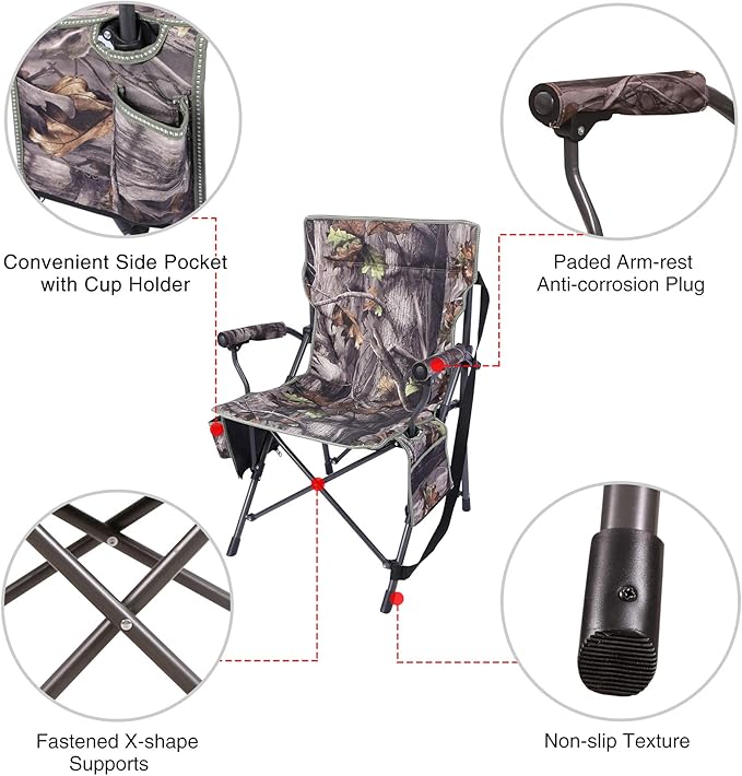 REDCAMP Oversized Hunting Chairs for Blinds Portable Folding Camo Camping Chairs for Adults Hunting Seats with Hard Arms for Outside Outdoor Camouflage