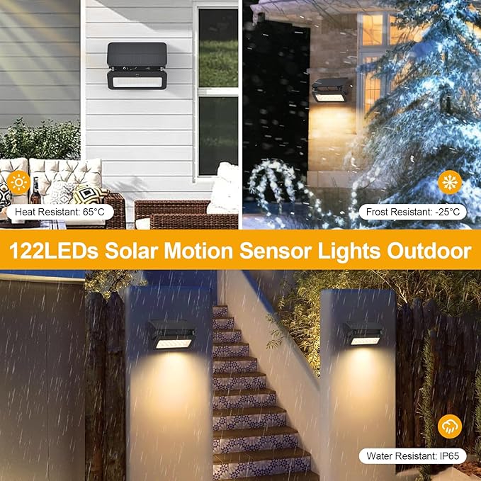 Solar Lights Outdoor Waterproof with Motion Sensor Foldable LED Wall Spotlight Touch Control Adjustable Color Temperature Brightness 1200LM 8W Dusk to Dawn Floodlights for Garage Fence