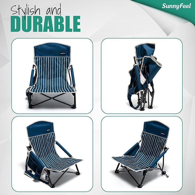 SUNNYFEEL Folding Low Camping Beach Chair 2 Pack Portable Backpacking Chairs with Cup HolderCarry Bag Compact &amp Heavy Duty for Adults 300 LBS for Outdoor Picnic Fishing Sand Lawn