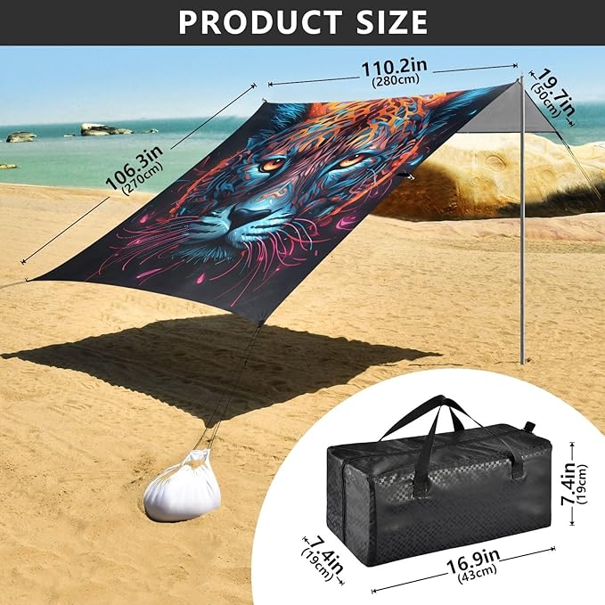 Beach Tent Sun Shelter Tiger Colored Hair Lightweight &amp Easy Setup Beach Shade Canopy for Camping Fishing