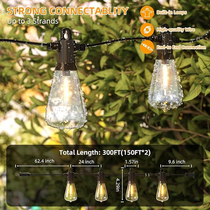 FOOMAN LED Outdoor String Lights 300FT Outside Waterproof Patio Lights with 146+3 Shatterproof ST38 Edison Bulbs 2700K Warm White Hanging Light Dimmable Light for Backyard Porch Gazebo(150FT x 2)