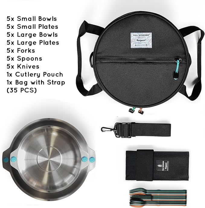 FULL WiNDSOR - MAGWARE - Magnetic Bowls and Plates Set - Stainless Steel Travel Dinnerware for Camping Overlanding Backpacking Picnic RV Outdoor Dining Portable Tableware Mess Kit