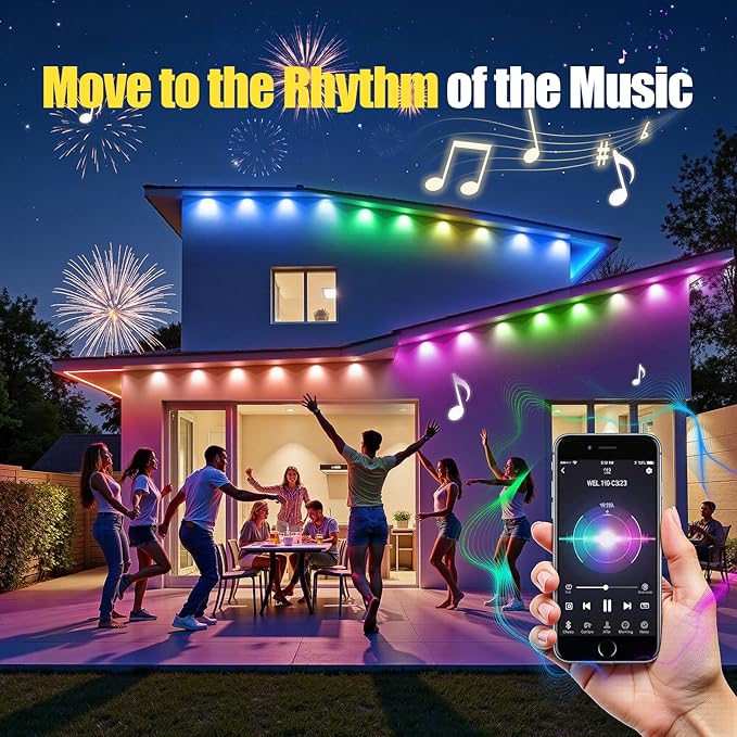 Permanent Outdoor Lights 50ft RGB+IC Smart LED Lights IP67 Waterproof Smart Outdoor Decorations with App/Remote for Christmas New Year Halloween Holiday Daily Party DecorValentine's Day